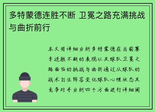 多特蒙德连胜不断 卫冕之路充满挑战与曲折前行